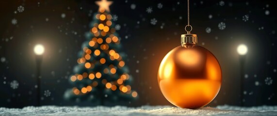 Golden Christmas Ornament with Bokeh Lights and Snowfall