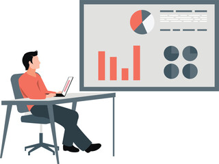 The boy edits pie graphs in graphical diagram