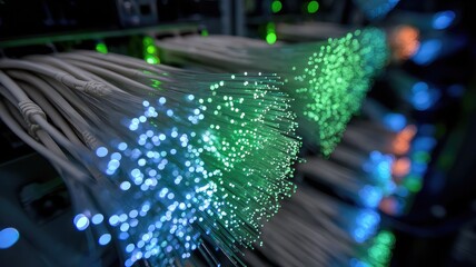 Glowing fiber optic cables in a data center with blue and green lights