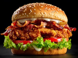 Crispy chicken bacon burger sandwich with lettuce tomato and sesame seed bun