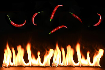 Red hot chili peppers with flame  on a dark background
