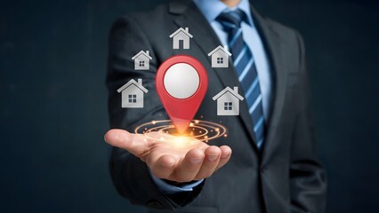 Real estate professional presents property locations with a red pin on his hand, showcasing opportunities and highlighting the ideal spot to invest in a new home.