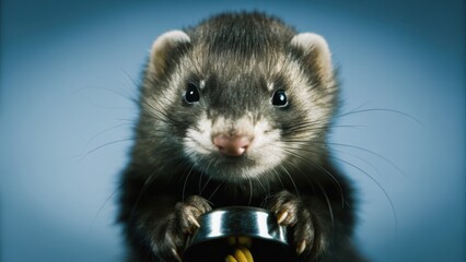 Fototapeta premium Cute marten with expressive eyes holding a small object, set against a soft blue background.