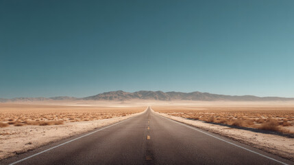 Naklejka premium An endless road leading through a vast desert landscape towards distant mountains.