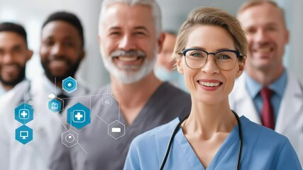 Smiling medical professionals standing together as a diverse healthcare team, with digital healthcare icons overlaid representing modern medical technology. - Powered by Adobe