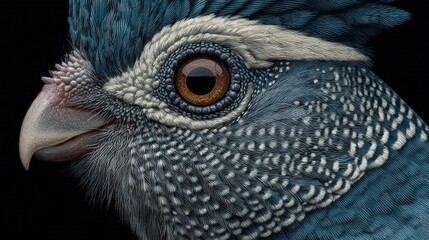 A close-up of a bird's head with blue and white feathers, featuring a striking brown eye and intricate details