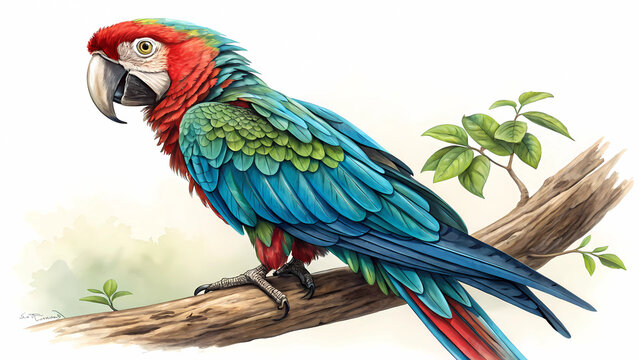 Colorful macaw parrot perched on a branch illustration for bird lovers and nature enthusiasts art print