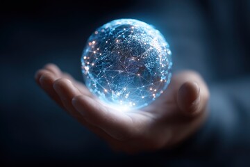 A glowing globe rests on an open hand displaying a network of connected points