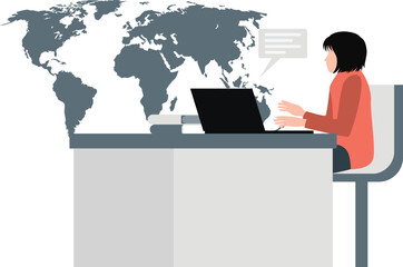 The girl is texting on laptop