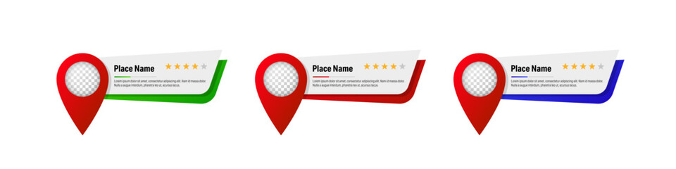 Three location pins with star ratings and labels on colored banners—green, red, and blue. Editable template for travel or map UI design.