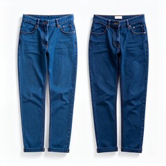 Two pairs of straight leg blue denim jeans apparel laid flat side by side on white background