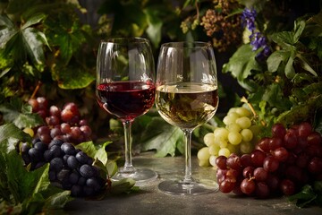 Fototapeta premium Wine Glasses with Grapes and Vines.
