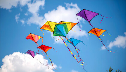 Colorful kites fly sunny sky.