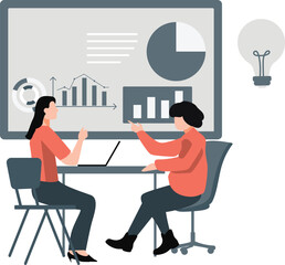 Two girls are talking about graphical pie chart