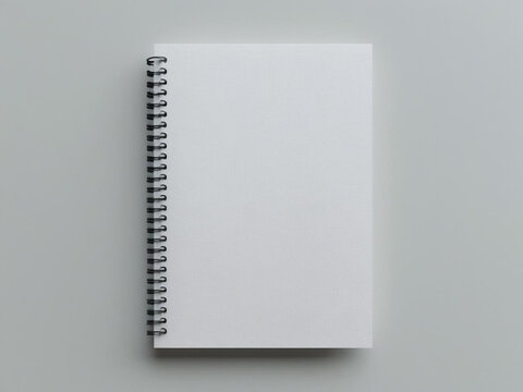 A blank white spiral notebook mockup with front cover up, placed on gray background, top-down view, minimal composition for stationery or education branding.