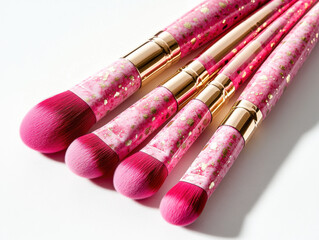 Pink makeup brushes with gold accents are arranged on white surface, showcasing their vibrant color and elegant design. brushes vary in size, suitable for different makeup applications
