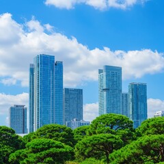 Modern glass skyscrapers of a city financial district seen from a lush green public park.
