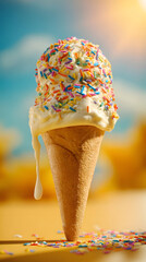 Delicious ice cream cone with colorful sprinkles melting on a warm sunny day.