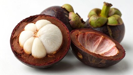 A whole and cut mangosteen fruit on a white background