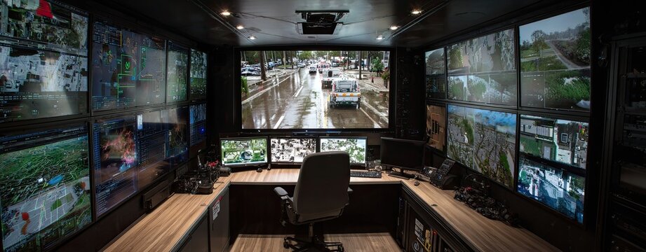 AI in disaster response with real-time AI in disaster response mapping and AI in disaster response for emergency rescue coordination High-tech monitoring room with multiple screens.