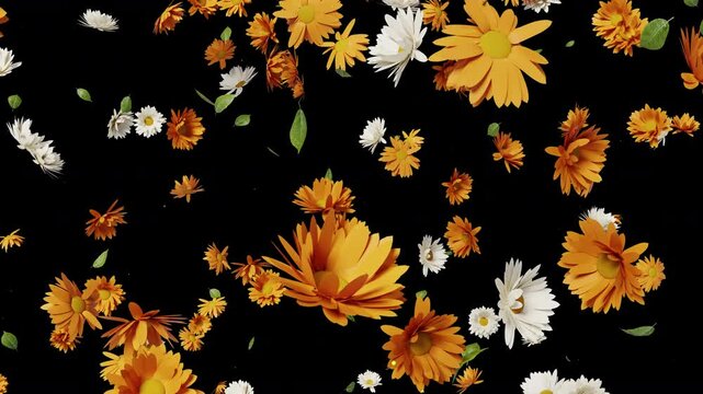 Mix Of Colorful Calendula Or Marigold Blossoms is alpha motion footage for natural  films and cinematic in commercial scene. Also good background for titles and logos.