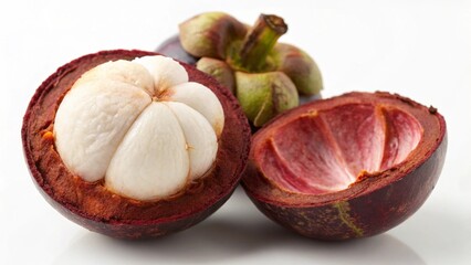 A ripe mangosteen fruit is cut in half to reveal its juicy white segments