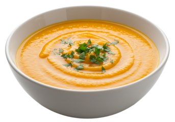 A bowl of orange soup garnished with green leaves presented against a stark black background