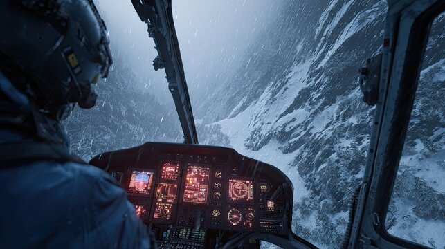 AI in disaster response with real-time AI in disaster response mapping and AI in disaster response for emergency rescue coordination Pilot navigating a helicopter through snowy mountains.