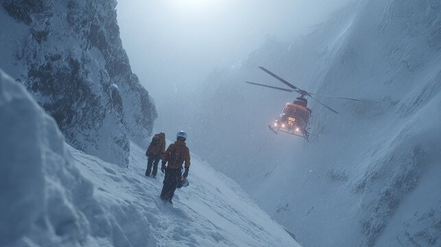 AI in disaster response with real-time AI in disaster response mapping and AI in disaster response for emergency rescue coordination Rescue helicopter flying in snowy mountain terrain.