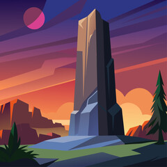 A large rock stands in the middle of a desert. The sky is dark and cloudy, and the sun is setting