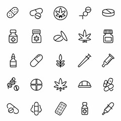 Medical healthcare icons set drugs pills capsules medication treatment pharmaceutical vector line art design