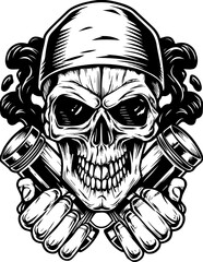 SVG of a graffiti-style skull head with bold urban flair. Skull with Bandana and Flashlights in Vintage Black and White Style
