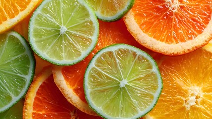 Fresh citrus fruit slices background: oranges and limes close up top view