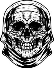 SVG of a graffiti-style skull head with bold urban flair. Realistic Skull Illustration with Hooded Cloak Graphic Design