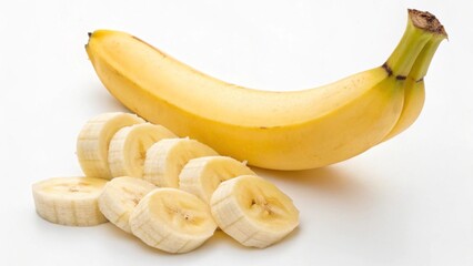 A ripe yellow banana sliced into pieces isolated on white background