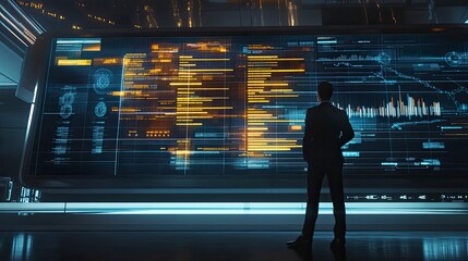 A businessman examines a futuristic data wall