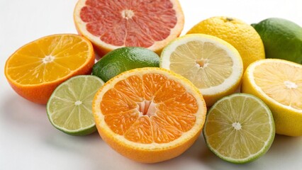 A vibrant assortment of citrus fruits, including oranges, lemons, limes, and grapefruit, are artfully arranged and sliced on a white background