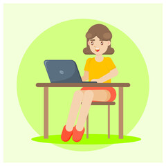 Digital nomad woman working with her laptop in the room