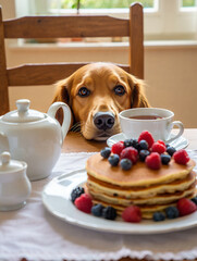A golden retriever dog looks at a stack of pancakes