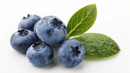Fresh blueberries with water droplets and leaves isolated on white background