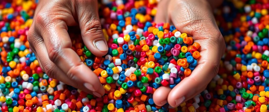Close-up of small hands creating colorful perler bead patterns, mosaic, bead art