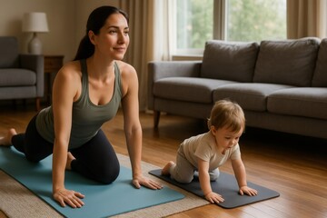 Obraz premium Mother and toddler practicing yoga together in the living room, promoting healthy lifestyle and family bonding