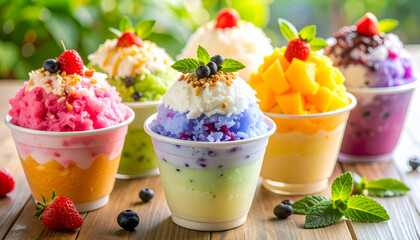 Colorful shaved ice desserts outdoors.