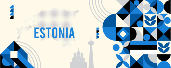 Colorful Geometric Estonia Banner with Cultural Symbols and Flag Elements