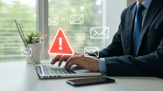 Cybersecurity warning alerts a professional man using his laptop to email scam and phishing threats in an office, highlighting data security risks.