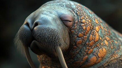 Fototapeta premium Close-up of a walrus, serene expression. Detailed skin texture, copper-like patterns