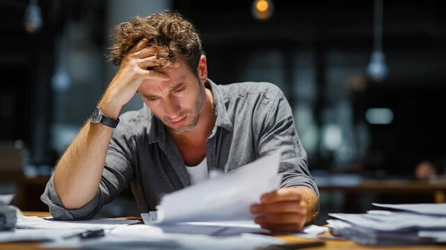 Burdened by Overwhelm: A man sits at a table in a dimly lit setting, looking down at the documents in his hands.
