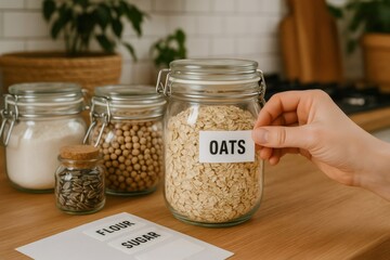 Woman applying sticker label on glass jar with oats, organizing her zero waste kitchen pantry with chickpeas, flour and sunflower seeds
