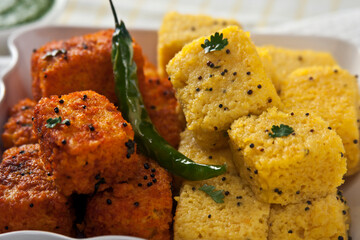 Vadodara, Gujarat / India - January 07, 2015 : Spicy Khaman, an Indian snack.
