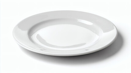 A clean white plate sits on a white surface with a subtle shadow.
